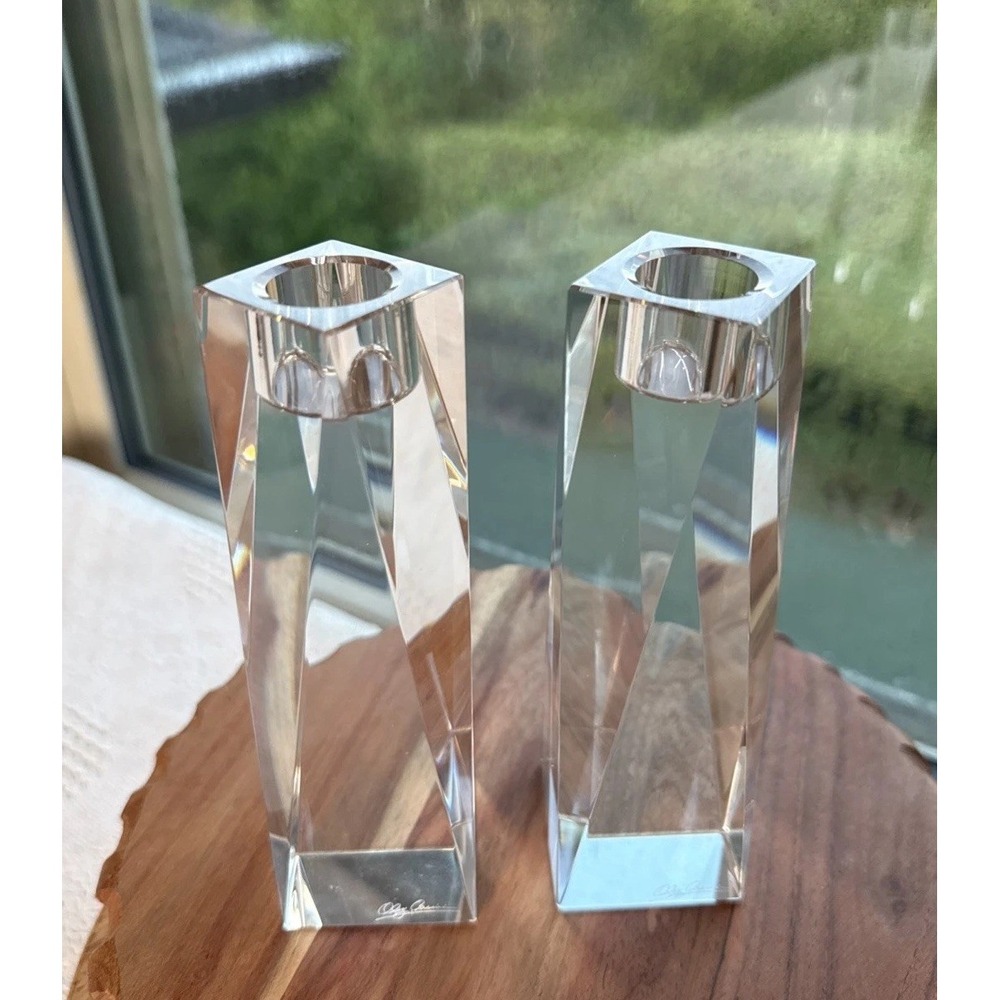 Oleg Cassini Signed Crystal Glass Prism Rectangular Candlestick Holders (2) 6 in